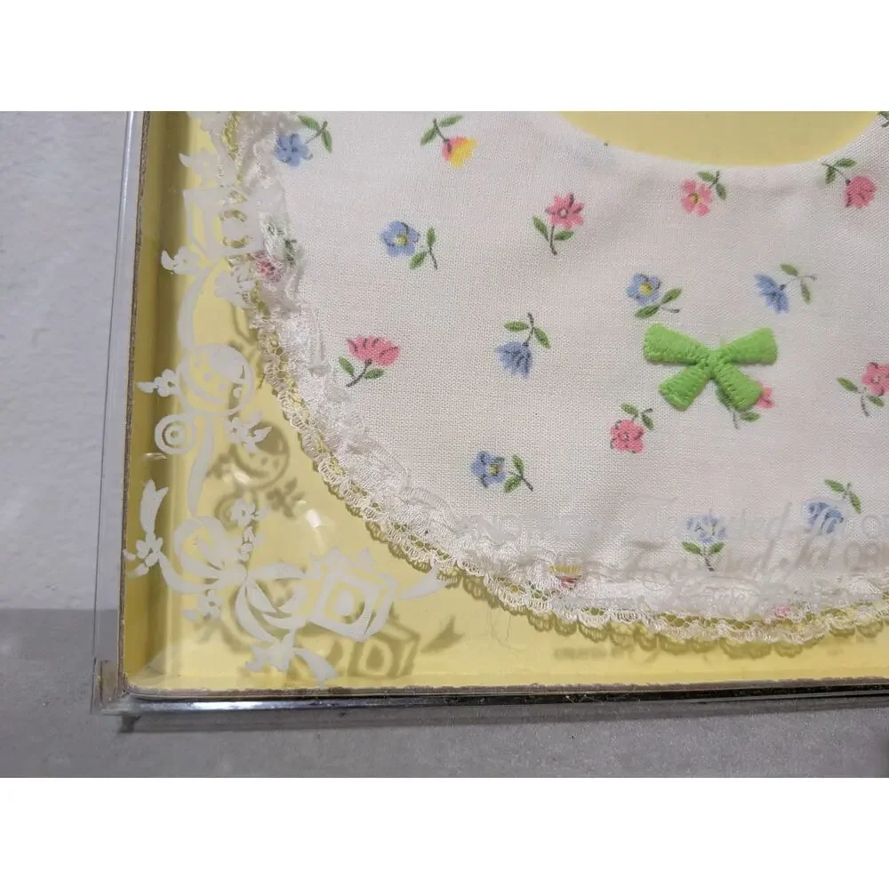 Vtg Pastel Floral Baby Bib New In Packaging Lace Trim Trim Bow 1990s Cottagecore